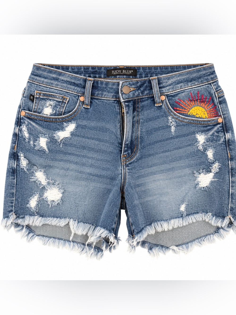 Judy Blue Women’s Large Distressed Denim Shorts Embroidered Sun Raw Hem Stretch